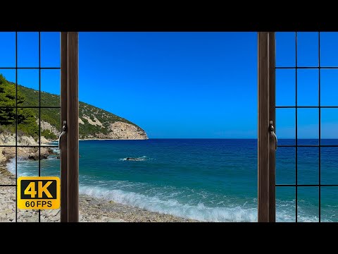 4K Greece beach window view - Relaxing, Calming, Ambience