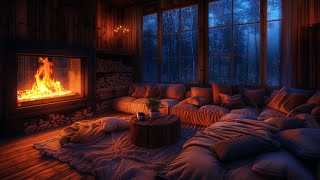 Nighttime Thunderstorm Haven: Inviting Room with Fireplace & Calming Rain Sounds