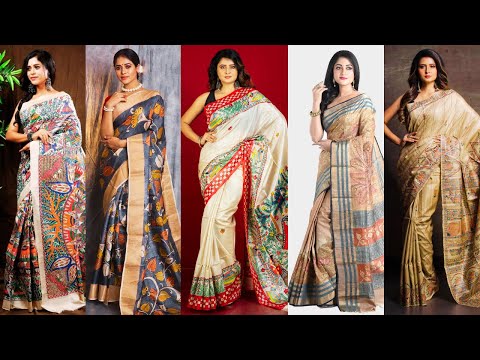 Latest Hand Painted Tussar Silk Saree Styles/Traditional Hand Painted Silk Sarees//Tussar Silk Saree