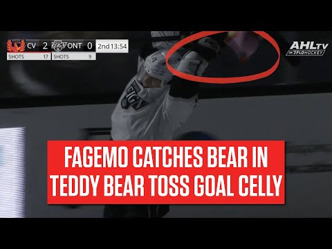 Samuel Fagemo Scores Teddy Bear Toss Goal For The Ontario Reign, Catches A Bear During Celly