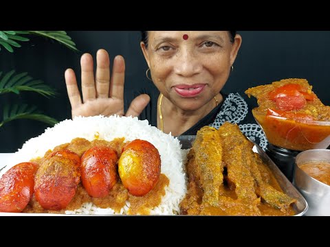 BIG AND SMALL FISH CURRY , CHICKEN EGGS EATING WITH BASMATI RICE FOOD MUKBANG