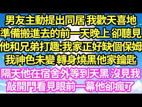 男友主動提出同居 我歡天喜地準備搬進去的前一天 卻聽見他和兄弟打趣:我家正好缺個保姆.我神色未變 轉身燒黑他家鑰匙.隔天他在宿舍外等到天黑不見我.敲開門室友一句話 他徹底崩潰了#甜寵#小說#霸總