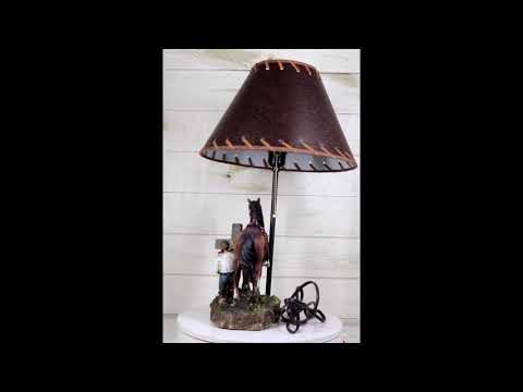 Rustic Western Chestnut Horse Cowboy On Knee Praying By Cross Desktop Table Lamp