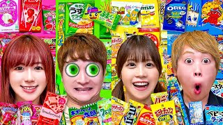 ピンクのお菓子といえば？駄菓子屋さんで色縛り買い放題してみた！ピンク、緑、黄色、青のお菓子を爆買いチャレンジ！【大量購入品紹介】