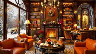 Cozy Winter Coffee Shop Ambience with Jazz Relaxing Music & Crackling Fireplace for Stress Relief