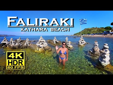 Faliraki Kathara Beach Rhodes Greece, Beach Walk 4K 60fps HDR (UHD) 💖 The best places 👀 walking tour