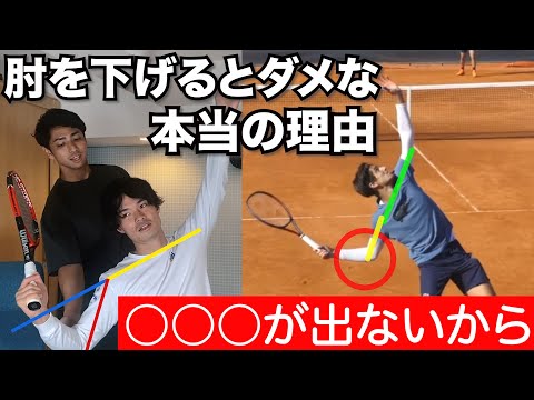 【テニス】サーブのトロフィーポーズで肘が下がるとなぜダメか！？どこまでならいいか！？【サーブ】