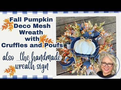 🍂 Fall Pumpkin Deco Mesh Wreath with Cruffles, Poufs and Handmade Wreath Sign