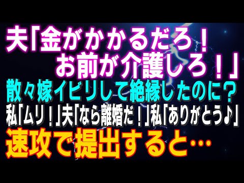 【スカッとする話】夫「金がかかるだろ！お前が介護しろ！」散々嫁イビリして絶縁したのに？私「ムリ！」夫「なら離婚だ！」私「ありがとう♪」速攻で提出すると…