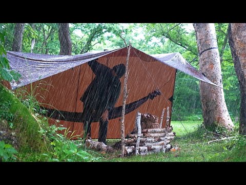 Bushcraft Camping in Pouring Rain. Build Campsite out of Birch (ASMR)