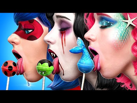 Vampier vs Ladybug vs Zeemeermin! Grappige Eénkleurige Make-over Challenge!