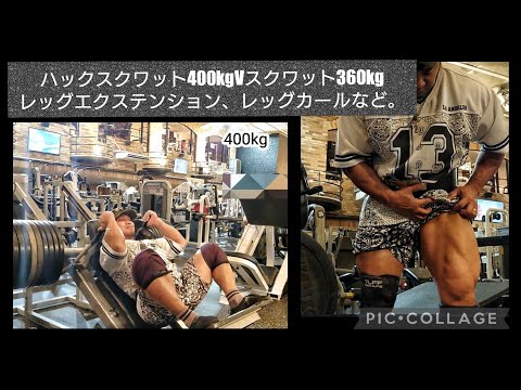 ハックスクワット400kg、Vスクワット逆360kg、レッグエクステンション、レッグカールなど。