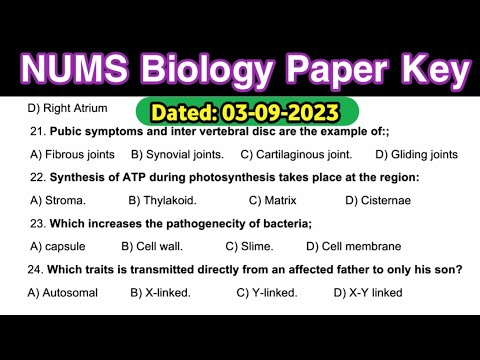 NUMS Biology Paper 2023 | Official Solved Answer Key | Dated 03-09-2023