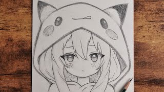 How to Draw Anime Girl | Easy Sketch Tutorial step by step | Cute Anime girl with Pikachu Hoodie