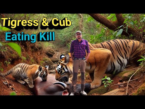 बाघिन और बच्चा । Tigress With Cub Eating Cow They Attempted To Kill But Cow Escaped Initially । बाघ