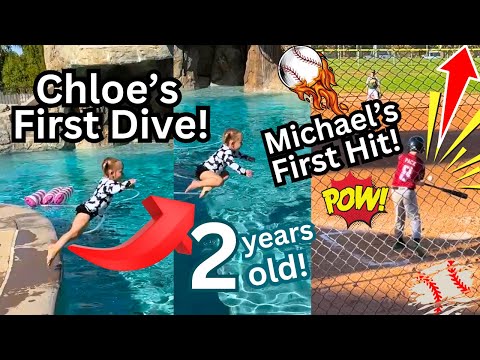 Chloe's First Dive & Michaels First Hit (baseball soccer golf swimming, dunk tank)