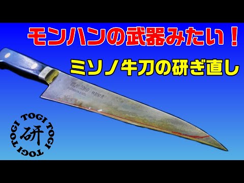 モンハンの武器みたいになったミソノの牛刀を研ぎ直してネギを試し切りしてみた。＠TOGITOGI動画