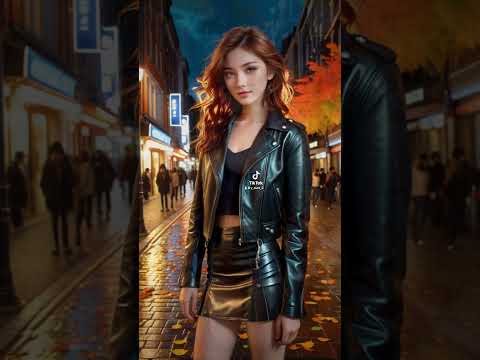 秋の夜、都会の街路を歩くクールな彼女。#UrbanChic #NightVibes #LeatherJacketStyle #AutumnNights #CityLights #StreetStyle