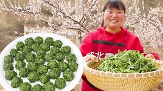 【陕北霞姐】霞姐采摘20斤野菜，焯水切碎加鸡蛋，做陕北风味“苜蓿丸子”！蘸酸辣汁可美了!