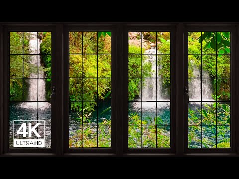 4K waterfall in the Jungle open window view - Relaxing, Calming, Ambience, white noise