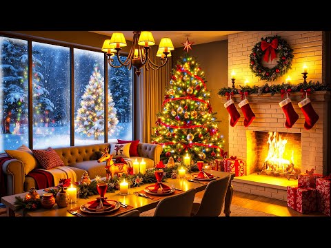 Cozy Christmas Ambience With🎄Relaxing Christmas Music With Snowfall And Crackling Fireplace 🔥