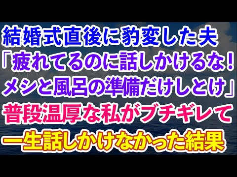 【スカッとする話】結婚式直後、豹変した夫「疲れてるのに話しかけるなよ！メシと風呂の準備だけしとけ」普段温厚な私がブチギレ２度と話しかけなかった結果w【感動する話】