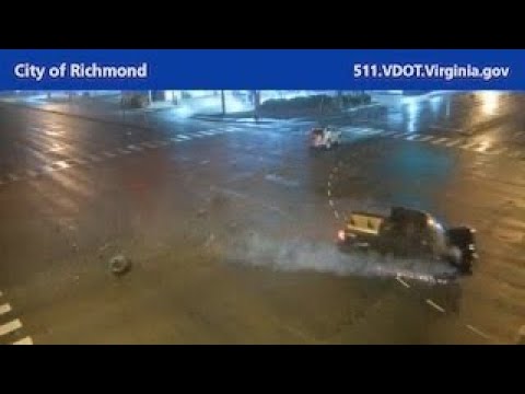 Distracted Pickup Truck Driver Plows Into Car At Stop Light In Richmond, Virginia (Off-Camera)