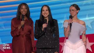 Meena Harris, Ella Emhoff and Helena Hudlin speak at 2024 Democratic National Convention