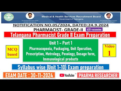 Telangana Pharmacist Grade-II exam Preparation II Unit 1 II Unit 1-10 exam preparation