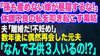 【スカッと総集編】「孫も産めない嫁が昼寝するな！」体調不良の私を叩き起こす毒姑。私「つわりなんです」夫「離婚だ！不妊が嘘つくな！」捨てられ数年後に偶然再会した元夫「なんで子供３人いるの！？」