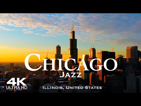 [4K] CHICAGO JAZZ 🇺🇸 3 Hour Drone Aerial with Piano & Saxophone Jazz 🎵 Illinois USA #jazz