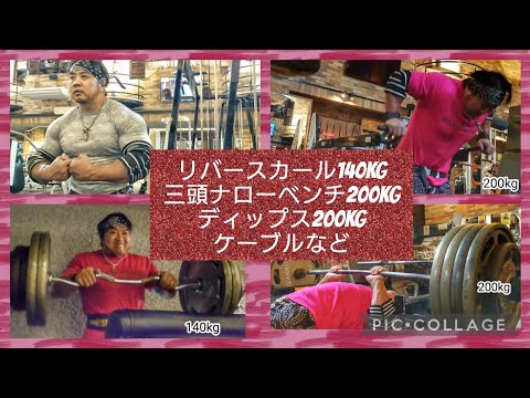 リバースカール140kg.三頭ナローベンチプレス200kg.ディップス200kgなど