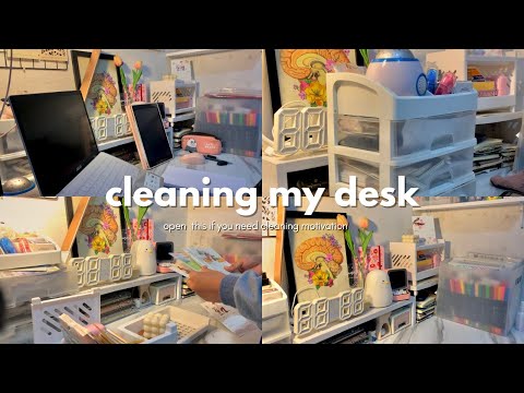 vlog : cleaning my desk, organize my desk, studygram desk set-up, desk set-up inspiration