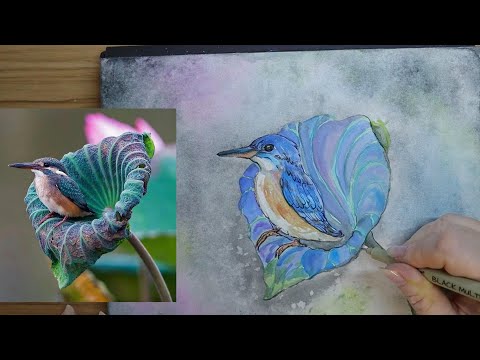 Kingfisher perched on a lotus leaf by photographer Johnson Chua #watercolorpainting