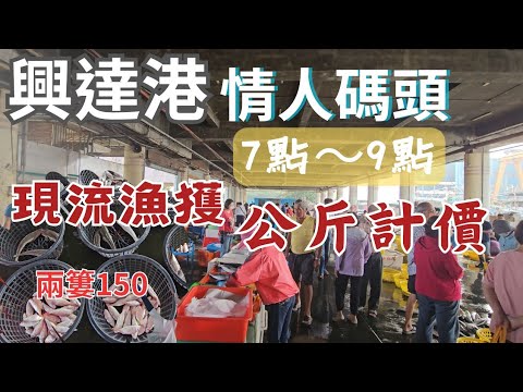 興達港情人碼頭：公斤計價的現流魚貨：活花枝430∣三尾牛尾100∣2簍魚150∣花蟹1斤250∣花枝乾煎超美味∣殺魚專家教殺花枝∣興達港觀光魚市：花枝丸、地瓜餅、2隻熟紅蟳350、蚵仔麵線、酥炸海鮮