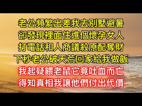 老公頻繁出差我去別墅避暑，卻發現裡面住進個懷孕女人，打電話和人商議殺原配奪財，下秒老公破天荒回家給我做飯，我起疑餵老鼠它竟吐血而亡，得知真相我讓他們付出代價