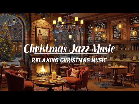 Warm Christmas Coffee Shop Ambience🎄Smooth Christmas Jazz Music & Crackling Fireplace with Snowfall