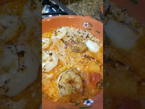 shrimp over eggplant and rice with homemade tomato sauce #shrimp #foodie #shorts