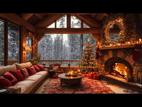 Cozy Morning Christmas Balcony Ambience 🎁 Christmas Jazz Music 2025 & Warm Fireplace Burning Sound 🔥