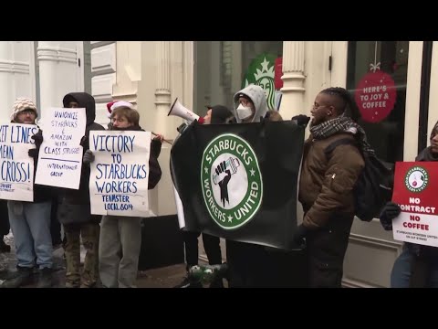 Starbucks baristas spend Christmas Eve on the picket line