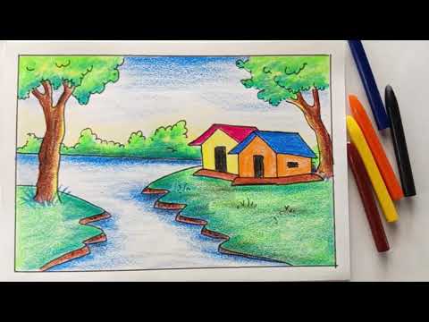 Beautiful Scenery drawing with colour / How to draw village scenery with colour/ Scenery drawing.