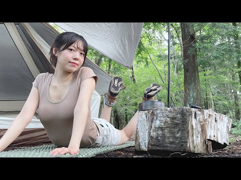 After the storm in forest, Lack of sleep, Bell Tent - Japanese solo camping girl -