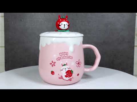 Whimsical Bunny Rabbit Hiding Strawberries Ceramic Mug Cup With Lid And Spoon