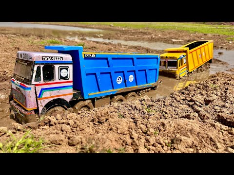 TATA 4823c Dump Truck Stuck in mud due to heavy rain fall | JCB 3DX Die Cast Washing in river |