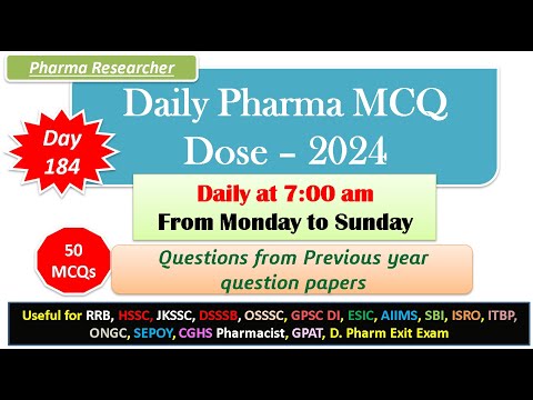 Day 184 Daily Pharma MCQ Dose Series 2024 II 50 MCQs II #exitexam #pharmacist #druginspector #dsssb