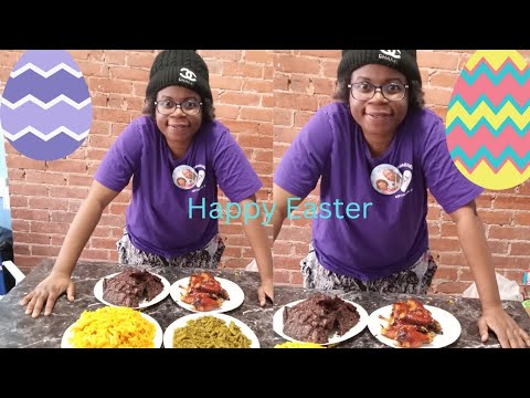 "Easter Sunday Feast: BBQ Chicken, Green Beans, Mac & Cheese, Brownies"