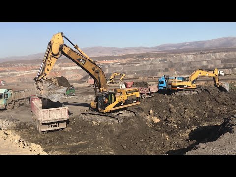 Caterpillar 365C Excavators Loading Mercedes Arocs & MAN 4 Axle Trucks On A Huge Mining Area