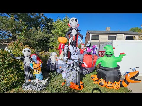 Setting up our Nightmare Before Christmas Display Live! + Unboxing 2 New Inflatables!