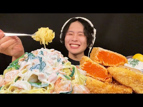 ASMR Salmon and spinach cream pasta & salmon rare cutlet‼️【eating sound/mukbang】