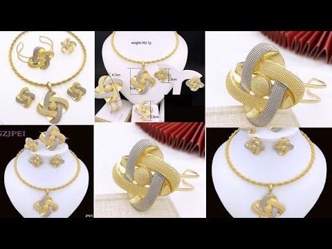 Women Necklace Earrings Bracelet Ring Jewelry Set Two Tone Luxury Design 18K Gold Plated